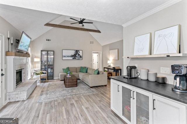15 Stonewood Way, Sharpsburg, GA 30277 - living area with a ceiling fan, light wood finished floors, beamed ceiling, a brick fireplace, and high vaulted ceiling