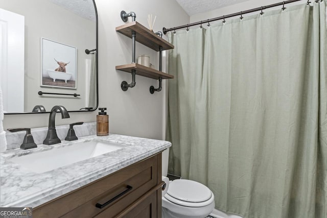 15 Stonewood Way, Sharpsburg, GA 30277 - bathroom featuring a textured ceiling, vanity, and curtained shower