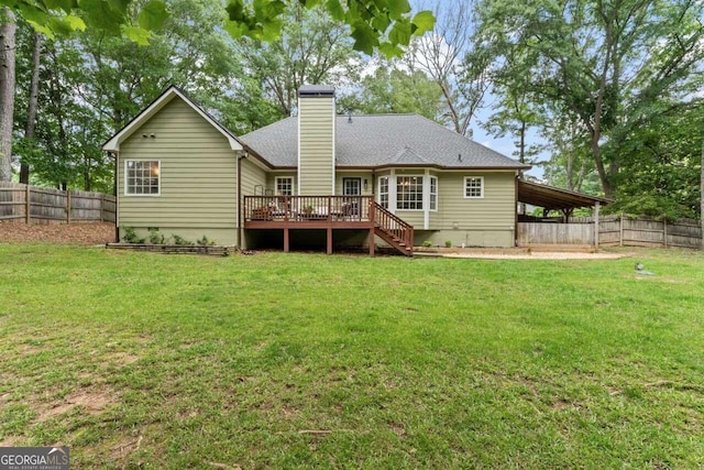 15 Stonewood Way, Sharpsburg, GA 30277 - rear view of property with a deck, a fenced backyard, a chimney, and roof with shingles