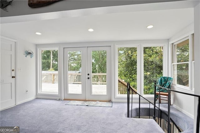 6381 Lakeview Dr, Buford, GA 30518 - doorway to outside with carpet flooring, french doors, and recessed lighting