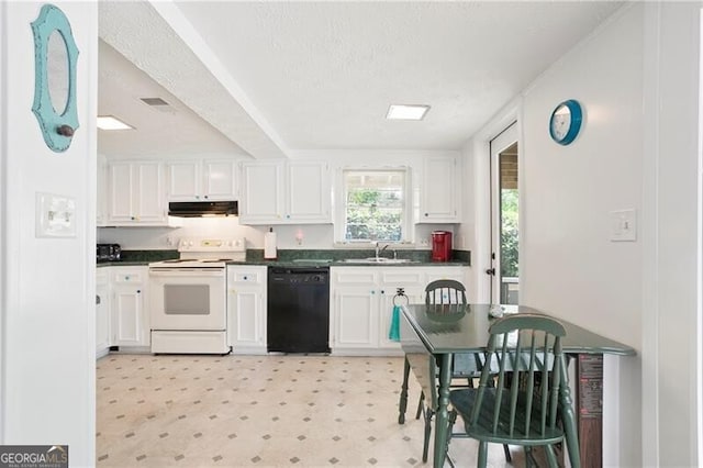 6381 Lakeview Dr, Buford, GA 30518 - kitchen with black dishwasher, white range with electric stovetop, white cabinetry, dark countertops, and under cabinet range hood