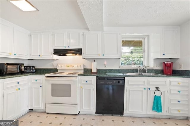 6381 Lakeview Dr, Buford, GA 30518 - kitchen featuring black appliances, under cabinet range hood, white cabinetry, dark countertops, and a textured ceiling