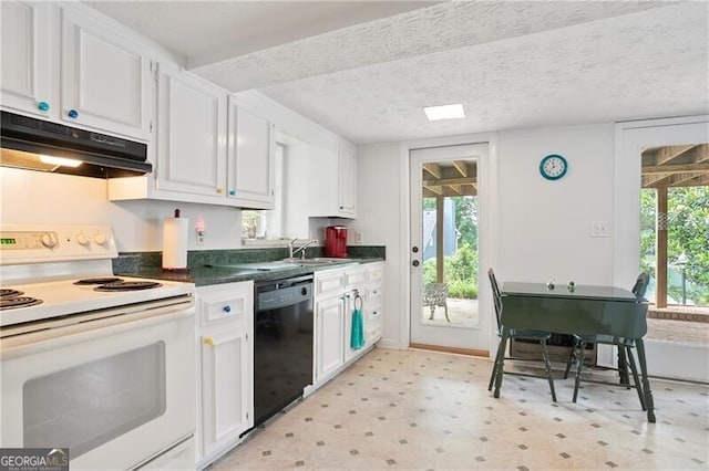 6381 Lakeview Dr, Buford, GA 30518 - kitchen with electric range, under cabinet range hood, dishwasher, white cabinets, and light flooring