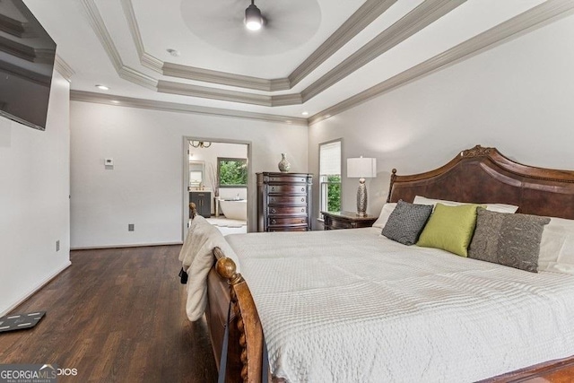 3835 Hickory Branch Trl, Suwanee, GA 30024 - bedroom with wood finished floors, crown molding, ensuite bathroom, a raised ceiling, and a ceiling fan