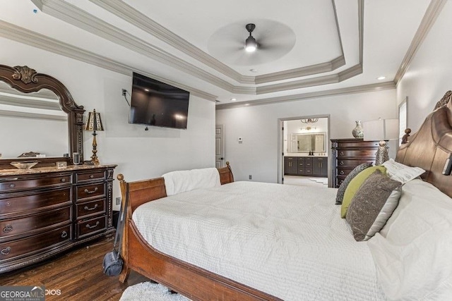 3835 Hickory Branch Trl, Suwanee, GA 30024 - bedroom featuring ornamental molding, dark wood-style flooring, a raised ceiling, ensuite bathroom, and ceiling fan