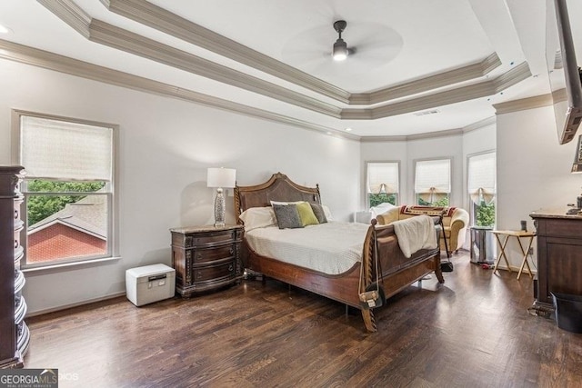 3835 Hickory Branch Trl, Suwanee, GA 30024 - bedroom with a raised ceiling, multiple windows, ornamental molding, and wood finished floors