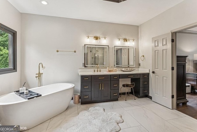 3835 Hickory Branch Trl, Suwanee, GA 30024 - full bathroom featuring double vanity, a freestanding bath, and marble finish floors