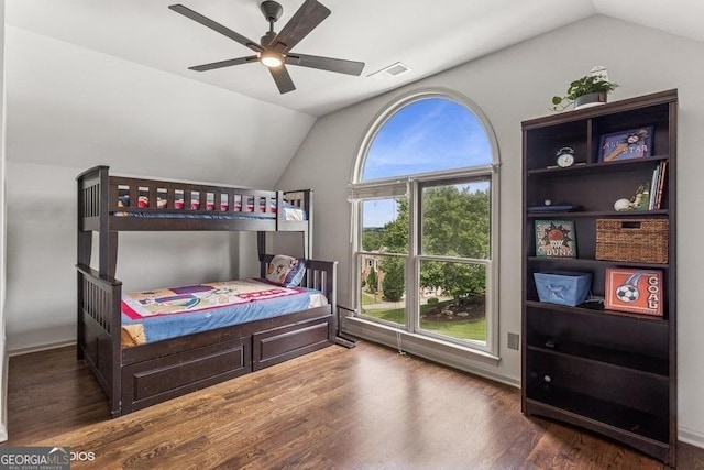 3835 Hickory Branch Trl, Suwanee, GA 30024 - bedroom featuring vaulted ceiling, wood finished floors, and a ceiling fan