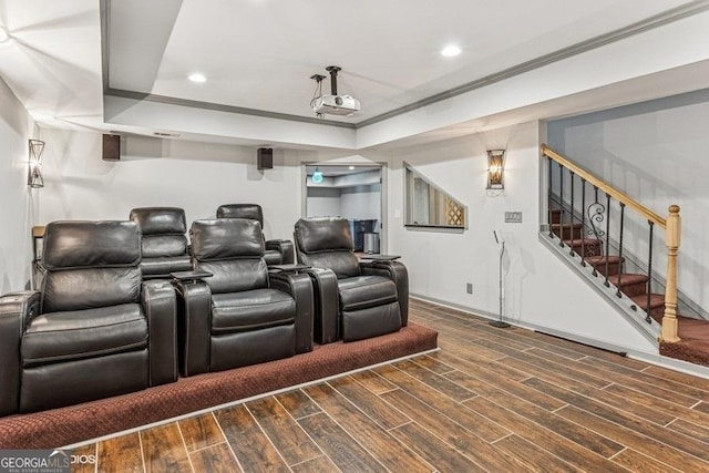 3835 Hickory Branch Trl, Suwanee, GA 30024 - cinema with wood finished floors, crown molding, recessed lighting, and a tray ceiling
