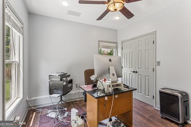 3835 Hickory Branch Trl, Suwanee, GA 30024 - office space with plenty of natural light, a ceiling fan, dark wood-style flooring, and recessed lighting