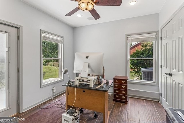 3835 Hickory Branch Trl, Suwanee, GA 30024 - office space with a ceiling fan, dark wood-type flooring, and recessed lighting