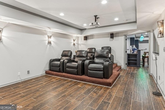 3835 Hickory Branch Trl, Suwanee, GA 30024 - home theater room featuring wood finished floors, a tray ceiling, and recessed lighting
