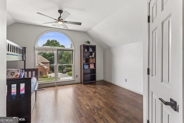 3835 Hickory Branch Trl, Suwanee, GA 30024 - bedroom with vaulted ceiling, wood finished floors, and ceiling fan
