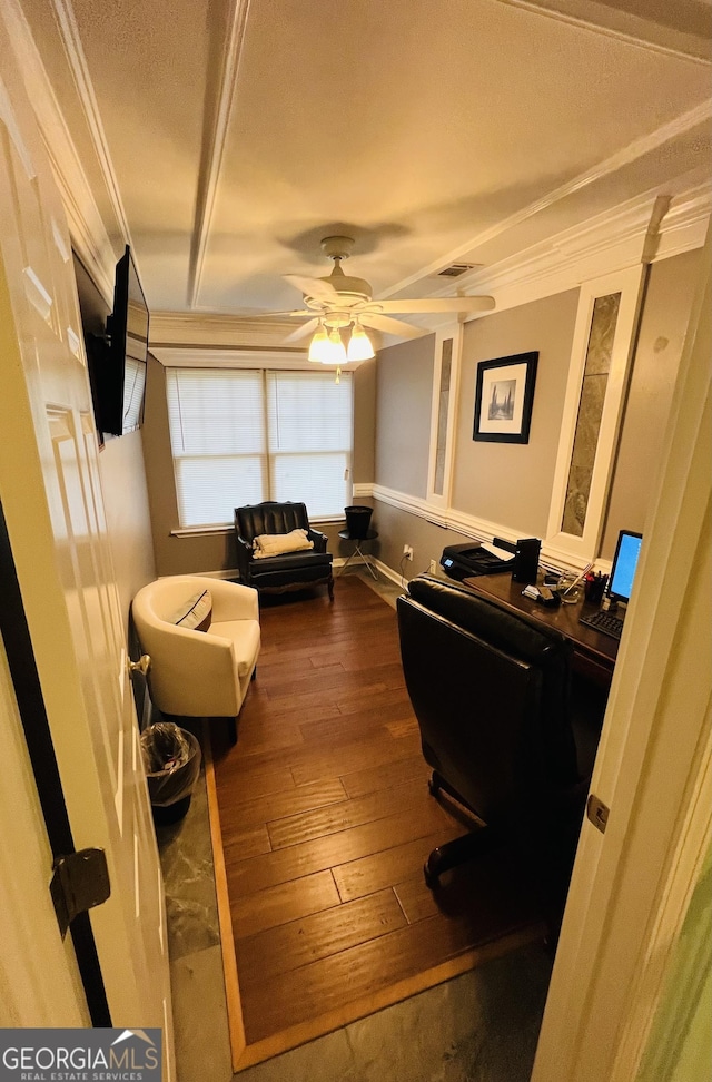 2481 Islands Hwy, Midway, GA 31320 - home office with dark wood-style floors, crown molding, a ceiling fan, and a textured ceiling