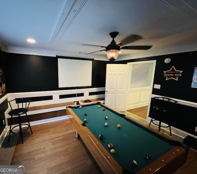2481 Islands Hwy, Midway, GA 31320 - recreation room featuring a ceiling fan, billiards, wood finished floors, ornamental molding, and attic access