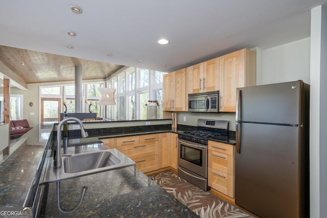 40 Pond Path, Ellijay, GA 30536 - kitchen featuring stainless steel appliances, light brown cabinetry, healthy amount of natural light, recessed lighting, and open floor plan