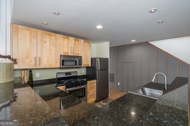 40 Pond Path, Ellijay, GA 30536 - kitchen featuring stainless steel appliances, light brown cabinetry, recessed lighting, and dark stone countertops