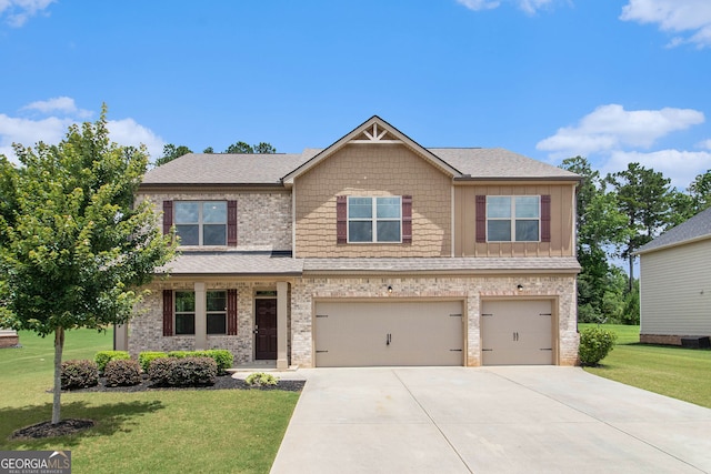 8041 Louis Dr, Locust Grove, GA 30248 - craftsman-style home with driveway, a garage, a front lawn, and brick siding
