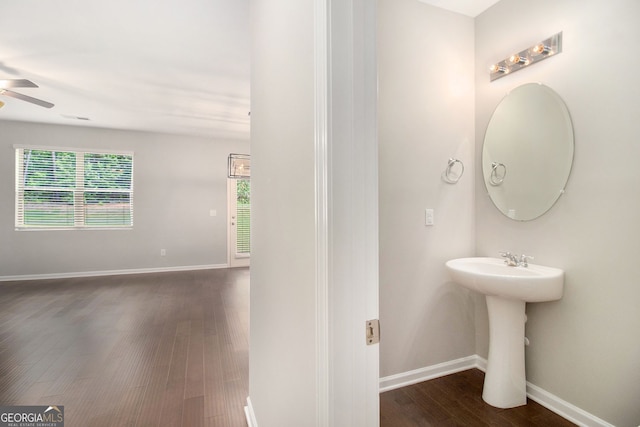 8041 Louis Dr, Locust Grove, GA 30248 - bathroom featuring a ceiling fan, wood finished floors, and plenty of natural light