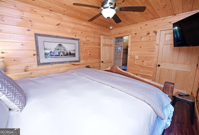 73 Rosiey Ln Unit 356, Blue Ridge, GA 30513 - bedroom featuring wood walls, wooden ceiling, and ceiling fan