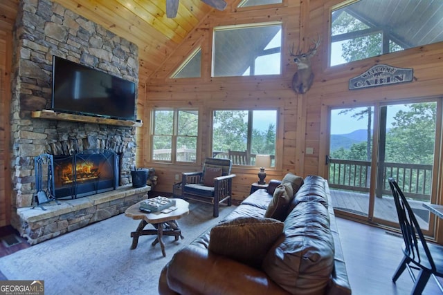 73 Rosiey Ln Unit 356, Blue Ridge, GA 30513 - living area featuring high vaulted ceiling, plenty of natural light, wood walls, wood ceiling, and wood finished floors