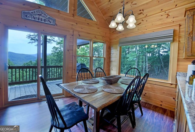 73 Rosiey Ln Unit 356, Blue Ridge, GA 30513 - dining area featuring wood walls, a chandelier, lofted ceiling, wood finished floors, and a mountain view