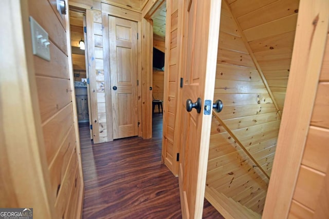 73 Rosiey Ln Unit 356, Blue Ridge, GA 30513 - corridor featuring wooden walls, dark wood-style floors, and wood ceiling
