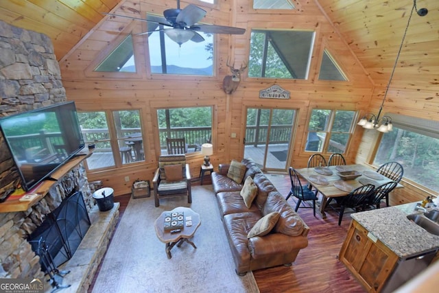 73 Rosiey Ln Unit 356, Blue Ridge, GA 30513 - living area with a fireplace, wood finished floors, wood walls, healthy amount of natural light, and wood ceiling