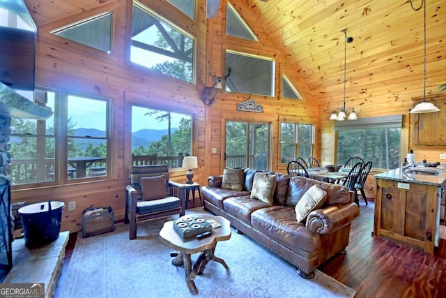 73 Rosiey Ln Unit 356, Blue Ridge, GA 30513 - living room featuring high vaulted ceiling, wood walls, plenty of natural light, a chandelier, and a mountain view
