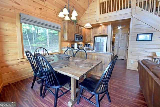 73 Rosiey Ln Unit 356, Blue Ridge, GA 30513 - dining area featuring wooden walls, a chandelier, dark wood-style floors, and high vaulted ceiling