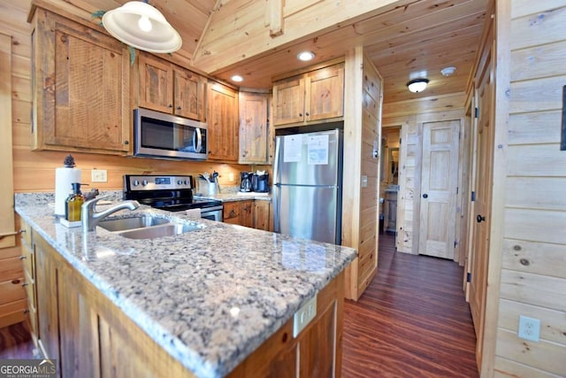 73 Rosiey Ln Unit 356, Blue Ridge, GA 30513 - kitchen featuring appliances with stainless steel finishes, dark wood-type flooring, brown cabinetry, light stone countertops, and a peninsula