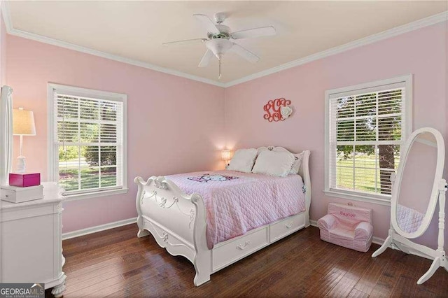 162 Drakes Lndg, Brunswick, GA 31523 - bedroom featuring multiple windows, dark wood-type flooring, ornamental molding, and ceiling fan