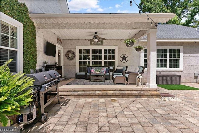 162 Drakes Lndg, Brunswick, GA 31523 - view of patio / terrace featuring an outdoor living space, ceiling fan, and area for grilling