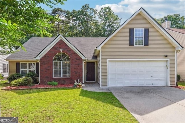 4920 Markim Forest Ln, Sugar Hill, GA 30518 - view of front facade with driveway, brick siding, a front yard, and a chimney