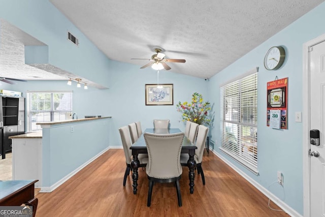 580 Lilburn School Rd, Lilburn, GA 30047 - dining room featuring ceiling fan, a textured ceiling, wood finished floors, and vaulted ceiling