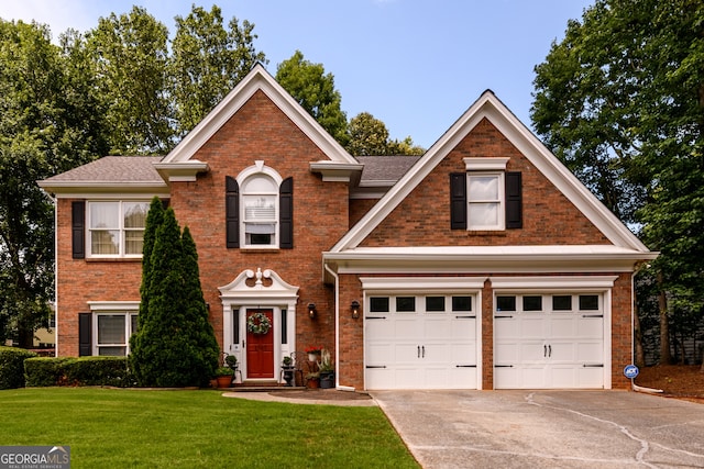 1767 Tidewell Trce, Lawrenceville, GA 30043 - view of front of home featuring concrete driveway, a front lawn, brick siding, and an attached garage