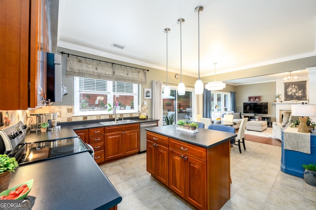 1767 Tidewell Trce, Lawrenceville, GA 30043 - kitchen with stainless steel appliances, dark countertops, ornamental molding, a kitchen island, and decorative backsplash