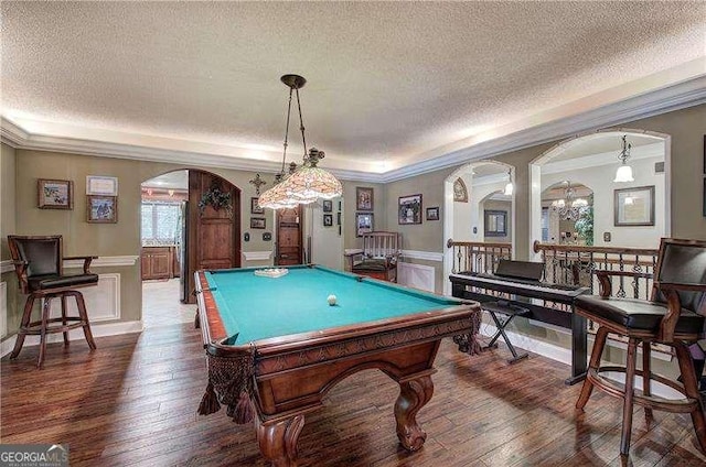 186 Wolverine Dr, Waleska, GA 30183 - game room featuring arched walkways, a textured ceiling, dark wood finished floors, wainscoting, and pool table
