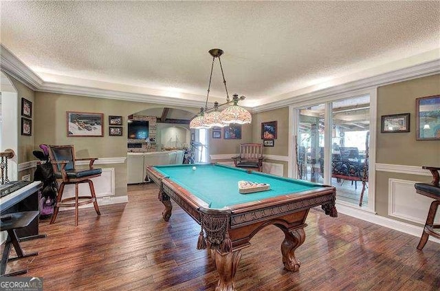 186 Wolverine Dr, Waleska, GA 30183 - recreation room featuring a textured ceiling, billiards, hardwood / wood-style floors, arched walkways, and wainscoting