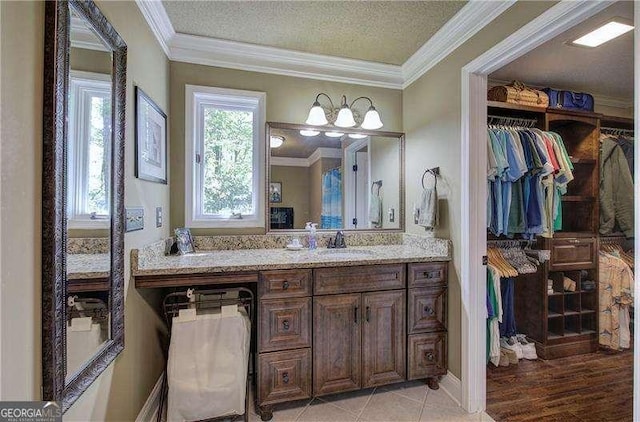 186 Wolverine Dr, Waleska, GA 30183 - bathroom with vanity, crown molding, and a walk in closet