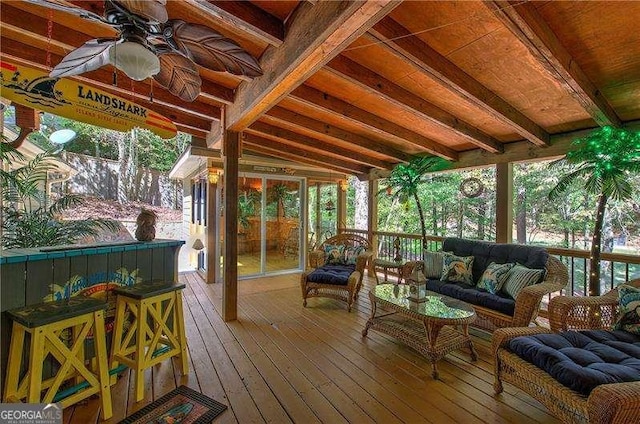 186 Wolverine Dr, Waleska, GA 30183 - wooden deck with outdoor lounge area and a ceiling fan