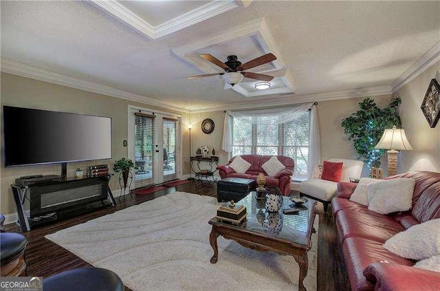 186 Wolverine Dr, Waleska, GA 30183 - living area with crown molding, wood finished floors, a ceiling fan, and french doors