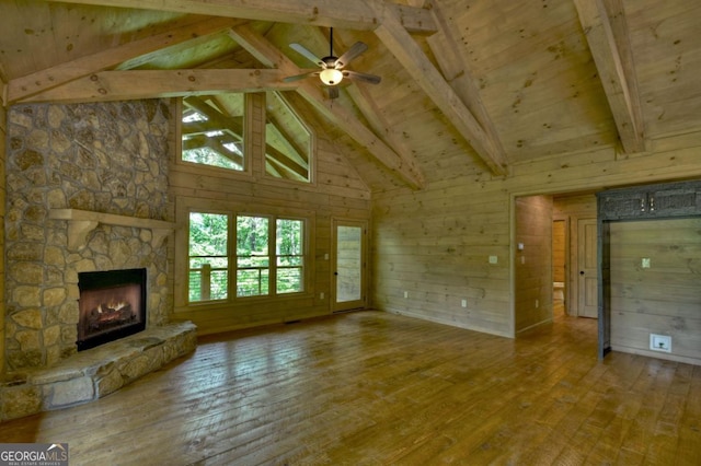 85 Christopher Dr Unit 108, Ellijay, GA 30540 - unfurnished living room with hardwood / wood-style floors, a fireplace, ceiling fan, high vaulted ceiling, and wooden walls