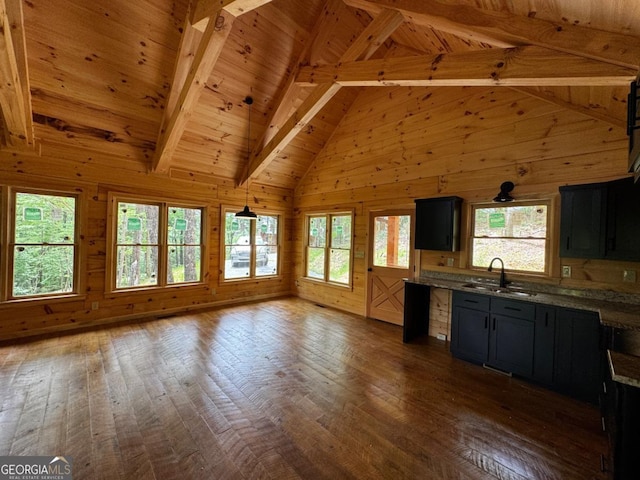 85 Christopher Dr Unit 108, Ellijay, GA 30540 - kitchen featuring dark wood-style floors, wood ceiling, wooden walls, open floor plan, and dark cabinets