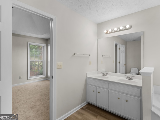 404 Northwind Pl, Stockbridge, GA 30281 - bathroom with double vanity, a textured ceiling, and wood finished floors