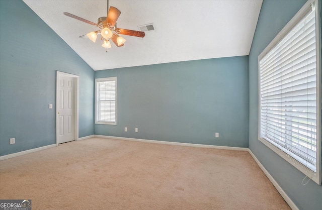 375 Shadetree Ln, Lawrenceville, GA 30044 - spare room with lofted ceiling, ceiling fan, and carpet flooring