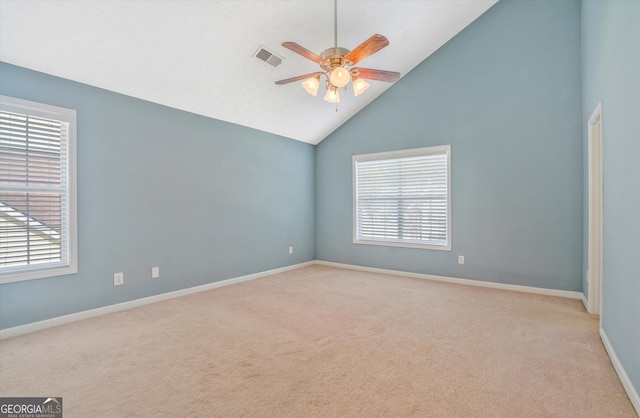 375 Shadetree Ln, Lawrenceville, GA 30044 - unfurnished room featuring plenty of natural light, high vaulted ceiling, ceiling fan, and carpet flooring