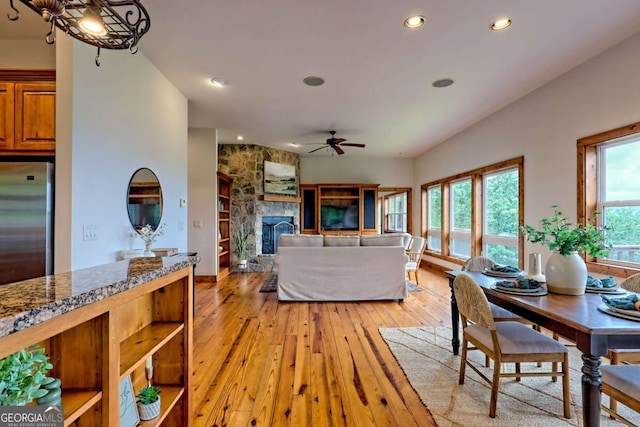 990 Hickory Nut Mountain Rd, Tallulah Falls, GA 30573 - dining area with light wood-type flooring, ceiling fan, recessed lighting, and a fireplace