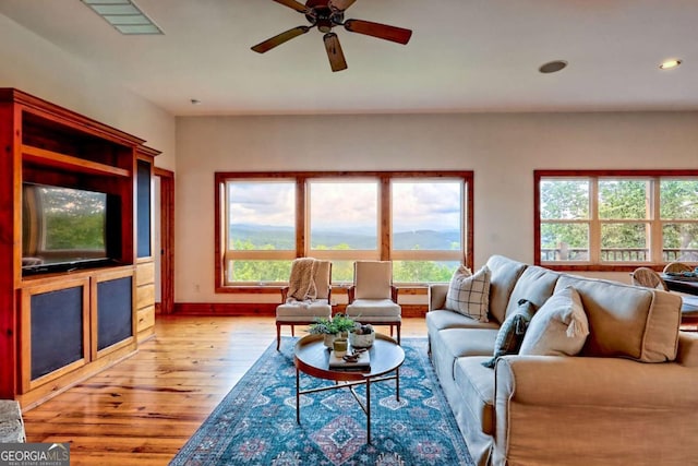 990 Hickory Nut Mountain Rd, Tallulah Falls, GA 30573 - living area featuring light wood-style floors, a ceiling fan, and recessed lighting