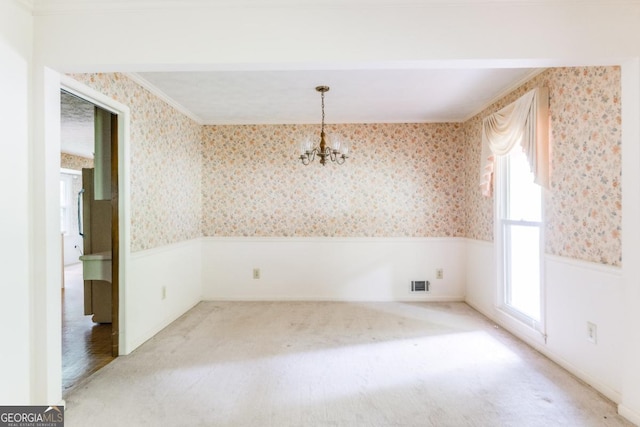 4714 Darlene Way, Tucker, GA 30084 - unfurnished dining area featuring wainscoting, wallpapered walls, a chandelier, carpet flooring, and crown molding